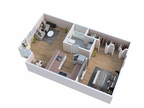 A 3D floor plan of a house with a kitchen, living room, and bedrooms.